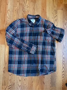 St. John's Bay Navy Plaid Button-Up Shirt with Red and White Accents